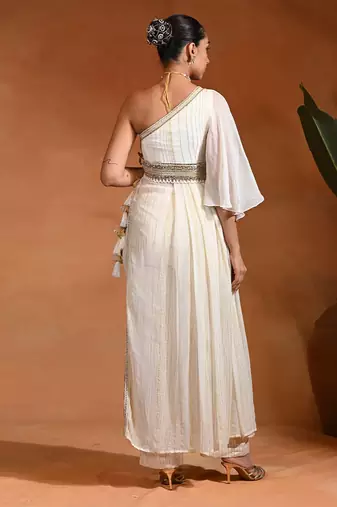 Ivory white viscose georgette indo western one shoulder kurta set