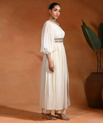 Ivory white viscose georgette indo western one shoulder kurta set 5