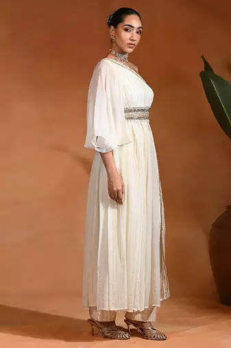 Ivory white viscose georgette indo western one shoulder kurta set