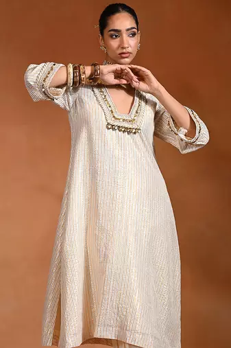 Ivory embroidered cotton lurex kurta set