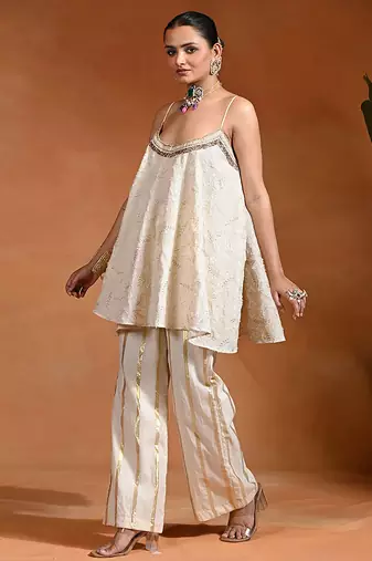 Ivory embroidered cotton jacquard co ord set