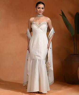 Ivory white embroidered cotton jacquard indo western gown 1