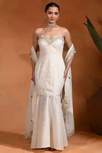 Ivory white embroidered cotton jacquard indo western gown