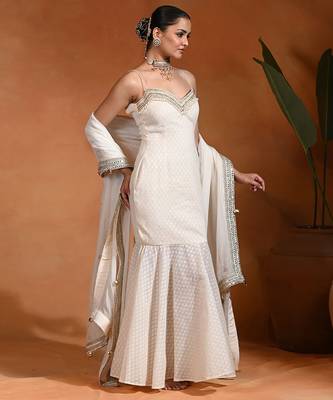 Ivory white embroidered cotton jacquard indo western gown 2