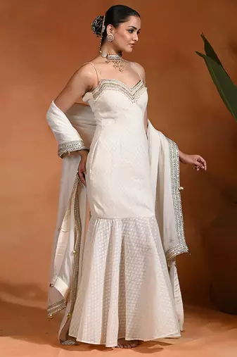 Ivory white embroidered cotton jacquard indo western gown
