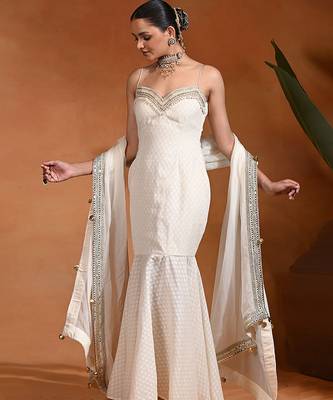 Ivory white embroidered cotton jacquard indo western gown 3