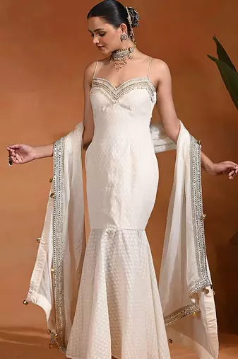 Ivory white embroidered cotton jacquard indo western gown