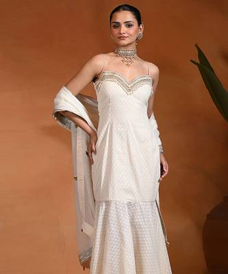 Ivory white embroidered cotton jacquard indo western gown 4
