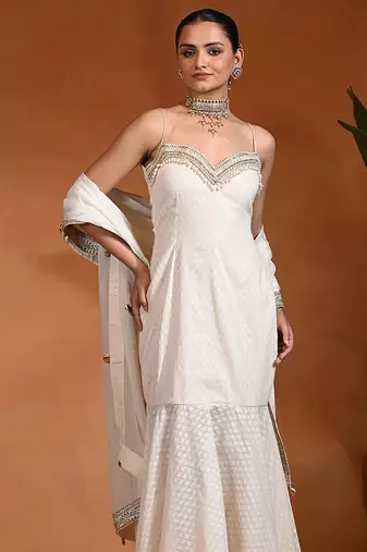 Ivory white embroidered cotton jacquard indo western gown