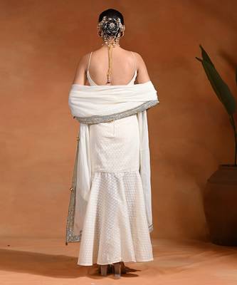 Ivory white embroidered cotton jacquard indo western gown 5