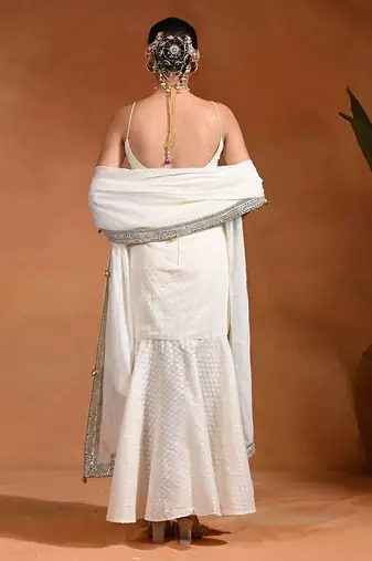Ivory white embroidered cotton jacquard indo western gown