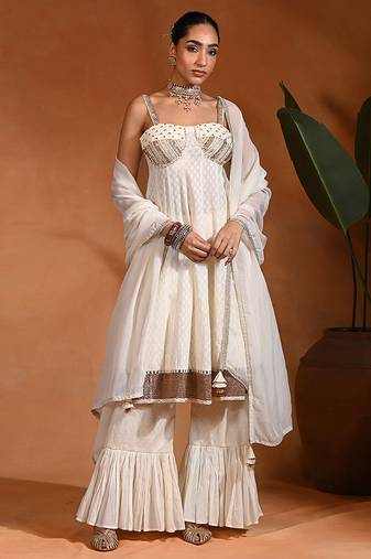 Ivory white embroidered cotton jacquard anarkali sharara set