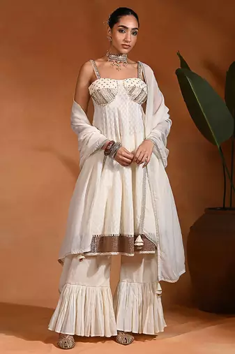 Ivory white embroidered cotton jacquard anarkali sharara set