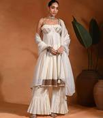 Ivory white embroidered cotton jacquard anarkali sharara set