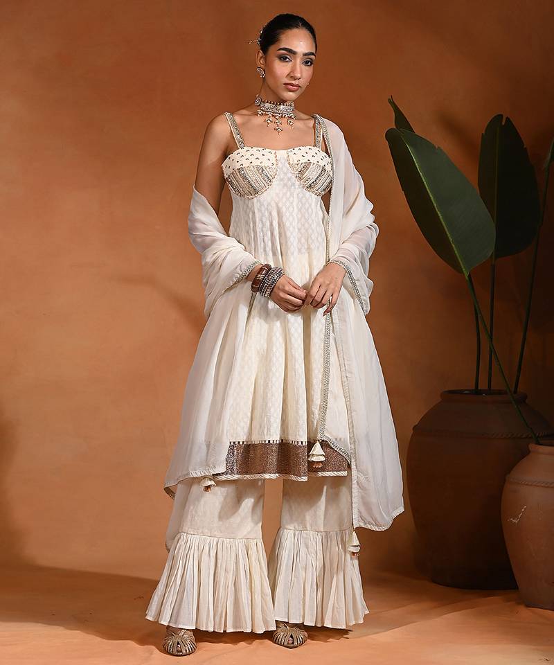 Ivory white embroidered cotton jacquard anarkali sharara set