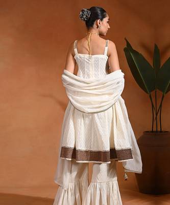 Ivory white embroidered cotton jacquard anarkali sharara set 2