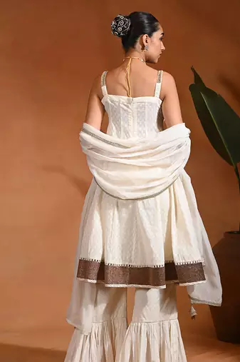 Ivory white embroidered cotton jacquard anarkali sharara set