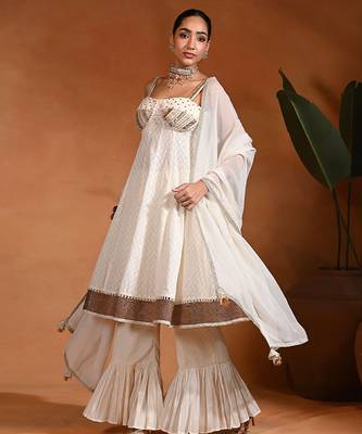 Ivory white embroidered cotton jacquard anarkali sharara set 3
