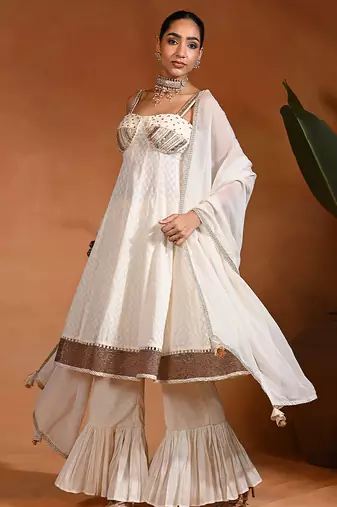 Ivory white embroidered cotton jacquard anarkali sharara set