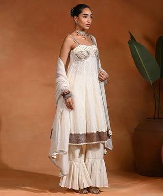 Ivory white embroidered cotton jacquard anarkali sharara set 4