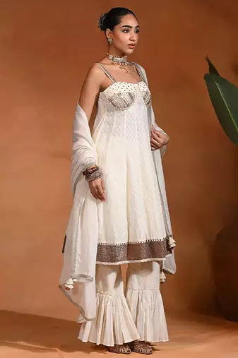 Ivory white embroidered cotton jacquard anarkali sharara set