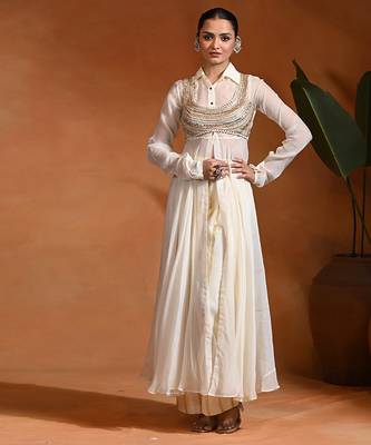 Ivory embroidered cotton jacquard anarkali set 1