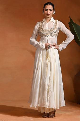 Ivory embroidered cotton jacquard anarkali set