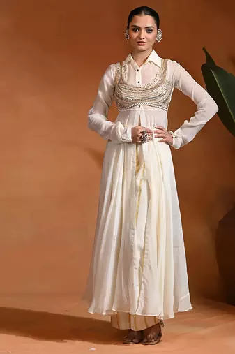 Ivory embroidered cotton jacquard anarkali set