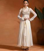 Ivory embroidered cotton jacquard anarkali set
