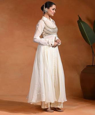 Ivory embroidered cotton jacquard anarkali set 2
