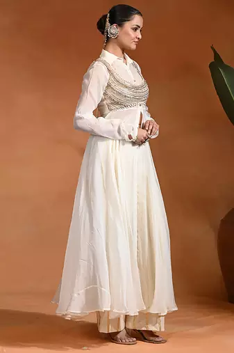 Ivory embroidered cotton jacquard anarkali set