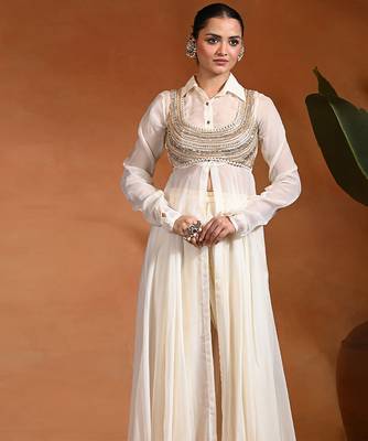 Ivory embroidered cotton jacquard anarkali set 3