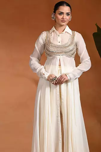 Ivory embroidered cotton jacquard anarkali set