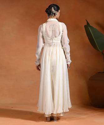 Ivory embroidered cotton jacquard anarkali set 4