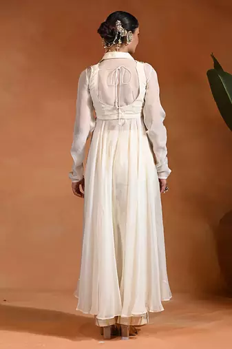 Ivory embroidered cotton jacquard anarkali set