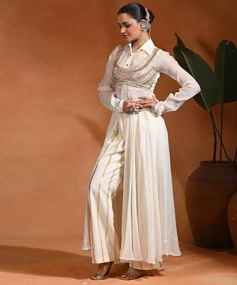 Ivory embroidered cotton jacquard anarkali set 5