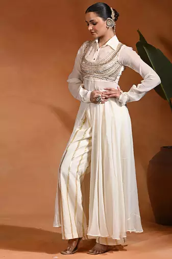 Ivory embroidered cotton jacquard anarkali set