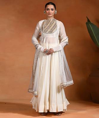 Ivory embroidered cotton organza anarkali set 1