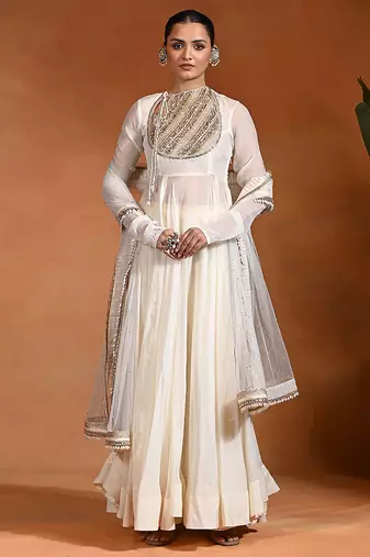 Ivory embroidered cotton organza anarkali set
