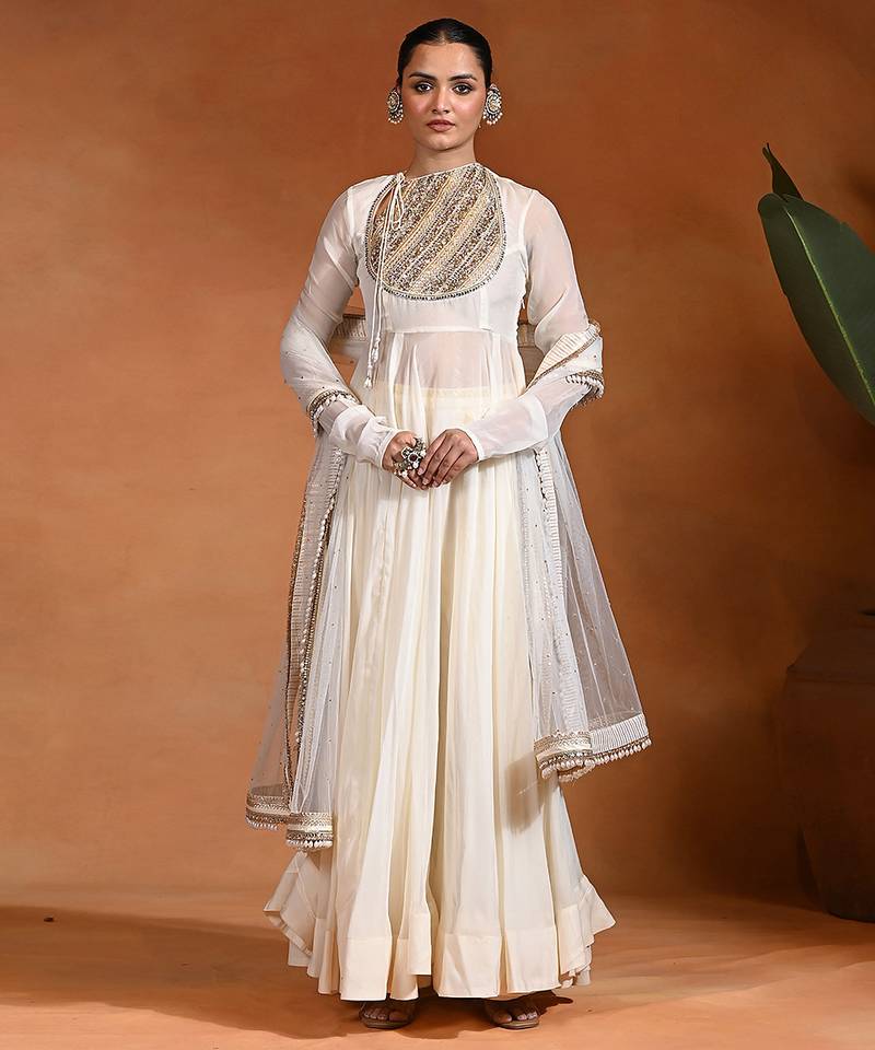 Ivory embroidered cotton organza anarkali set