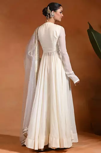 Ivory embroidered cotton organza anarkali set