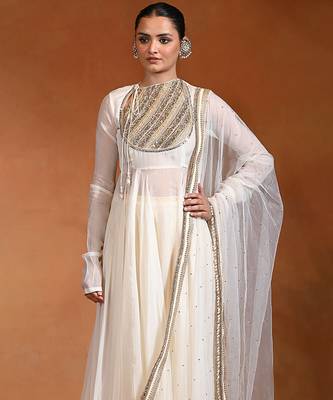 Ivory embroidered cotton organza anarkali set 3