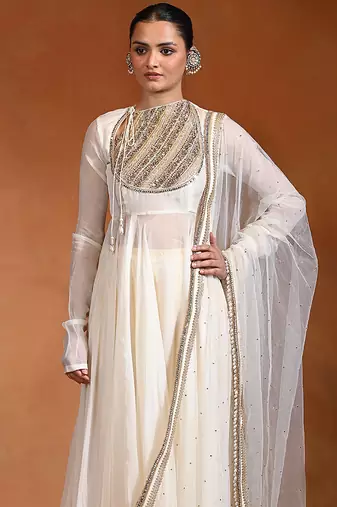 Ivory embroidered cotton organza anarkali set
