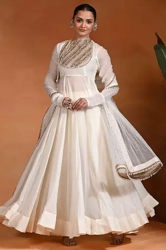 Ivory embroidered cotton organza anarkali set