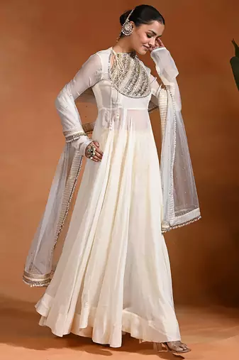 Ivory embroidered cotton organza anarkali set