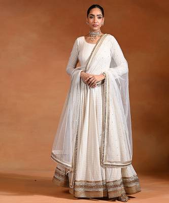 Ivory white embroidered jacquard anarkali set 1
