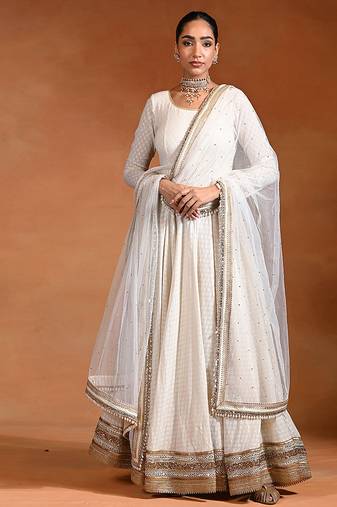 Ivory white embroidered jacquard anarkali set