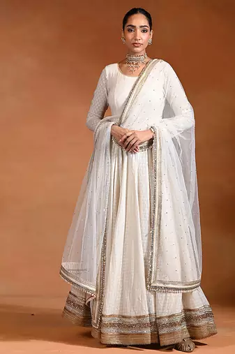 Ivory white embroidered jacquard anarkali set