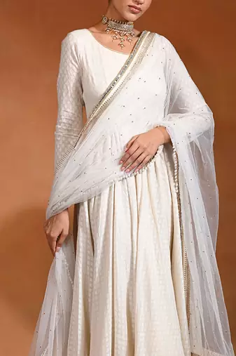 Ivory white embroidered jacquard anarkali set