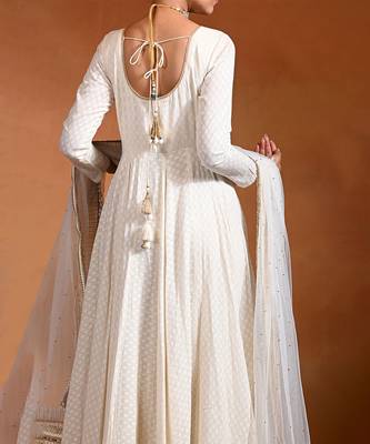 Ivory white embroidered jacquard anarkali set 3